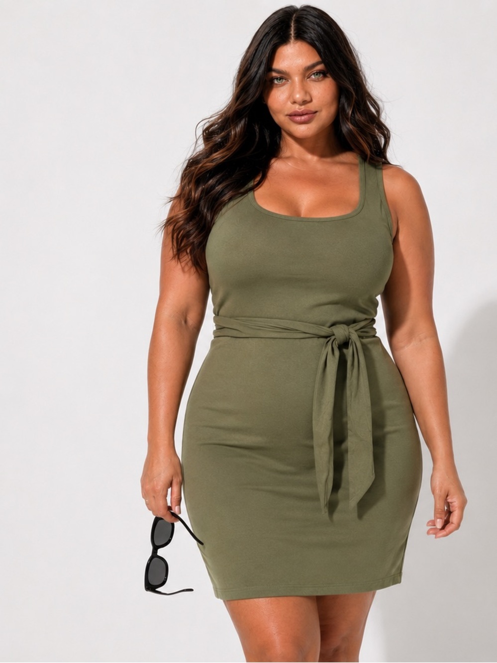 Mini Jersey Square Neck Olive Green Tie Waist Sleeveless Dress